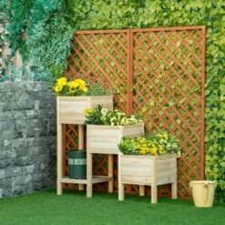Hot Sale ✨ Outsunny 49'' x 18'' x 43'' 3-Tier Raised Garden Bed w/ Storage Shelf, Outdoor Wood Elevated Planter Box Kit, Freestanding Wooden Plant Stand for Vegetables, Herb and Flowers 💯