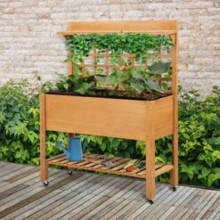 Brand new π Outsunny 41'' Wooden Raised Garden Bed with Wheels Trellis Upper/Below Storage Shelf Elevated Planter Box Stand for Vegetables Flower π